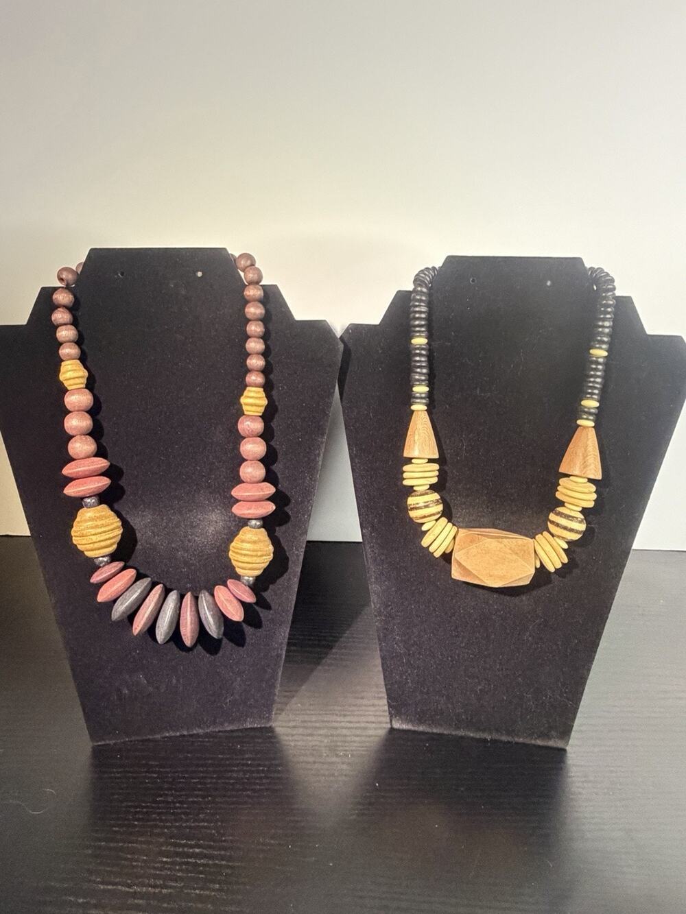 2 Vintage Wooden Beaded Necklaces Lot Geometric Chunky Carved Wood Boho Jewelry
